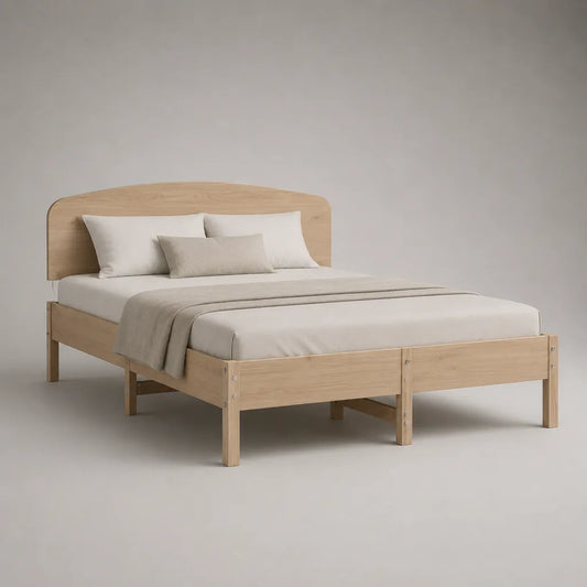 Lit double en bois naturel 180 × 200 cm avec tête de lit, dimensions 208 × 188 × 105 cm