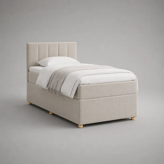 Lit simple rembourré rectangulaire beige 90 × 190 cm en velours côtelé de polyester avec tête de lit et sommier, sans matelas