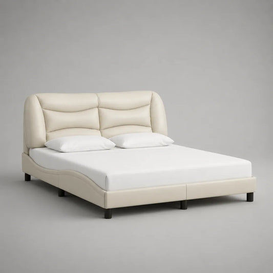 Lit double 160 x 200 cm avec tête de lit rembourrée, cadre en cuir PU crème et pieds en métal noir, 215 x 176 x 115 cm