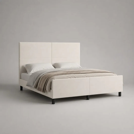 Lit double rembourré 160 × 200 cm en bois et tissu blanc cassé avec pieds en métal noir, 216 × 171 × 120 cm